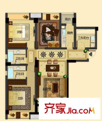 未來錦城戶型圖2、3、4號(hào)樓的B1戶型 3室2廳2衛(wèi)1廚