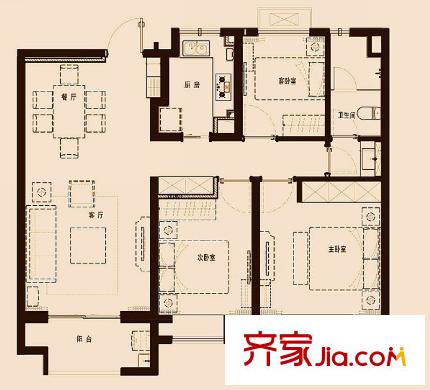 萬(wàn)科濠河傳奇9#樓B戶型 3室2廳1衛(wèi)1廚