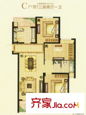 萬濠星城5MR.RED三期19#的C戶型 3室2廳1衛(wèi)1廚