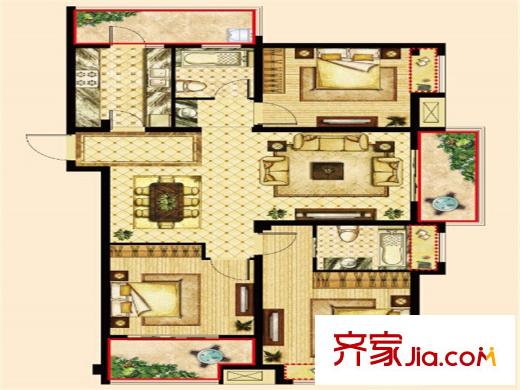 萬濠星城5MR.RED四期22#的A1戶型 3室2廳2衛(wèi)1廚