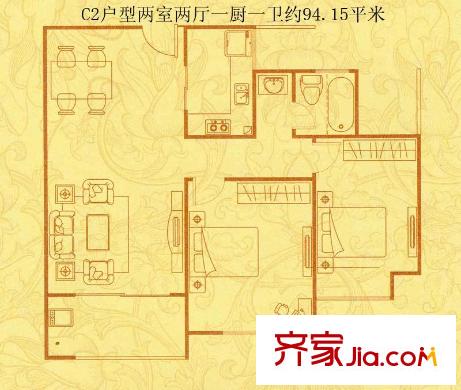 景華城C2戶型 2室2廳1衛(wèi)1廚