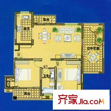 華德名人世家戶型c小高層型 3室2廳2衛(wèi)1廚