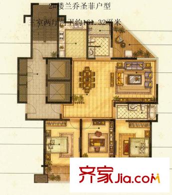 匯景名豪2#樓蘭喬圣菲戶型 3室2廳2衛(wèi)1廚