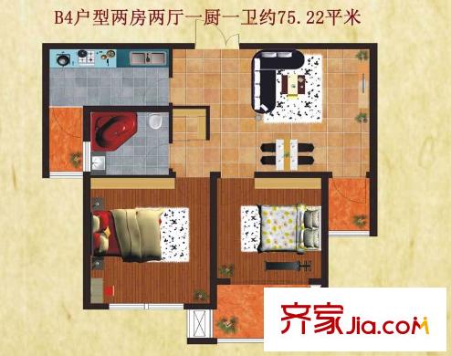 友誼嘉御龍庭B4戶型 2室2廳1衛(wèi)1廚