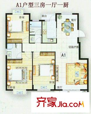 未來海岸A1戶型 3室1廳1衛(wèi)1廚