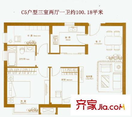 潤華國際中心C5戶型 3室2廳1衛(wèi)