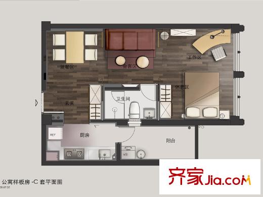 濠南君邑C戶型 1室2廳1衛(wèi)1廚