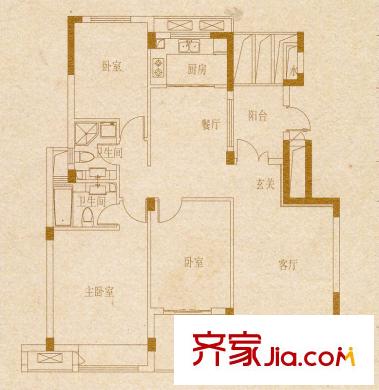 御龍灣一期E5戶型 3室2廳2衛(wèi)1廚