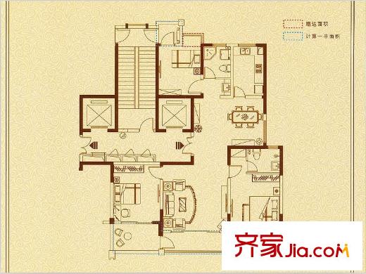 樂天桐墅灣一期2#中間F戶型 3室2廳2衛(wèi)1廚