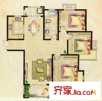 海門中南世紀城典型三房戶型 3室2廳1衛(wèi)1廚