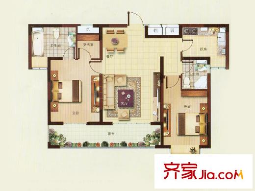 煒賦星湖鄰里12、17#樓B戶型 2室2廳2衛(wèi)1廚