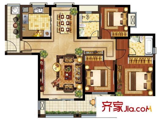 華強(qiáng)城公園1號(hào)公園1號(hào)72#樓D3戶型 3室2廳2衛(wèi)1廚
