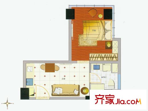 通商華富國(guó)際廣場(chǎng)酒店式公寓L戶型 1室1廳1衛(wèi)1廚