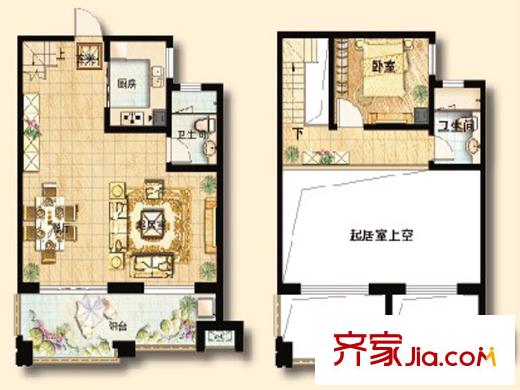 保利香檳國際5# 、6# 和7#樓E2戶型圖 1室2廳2衛(wèi)1廚