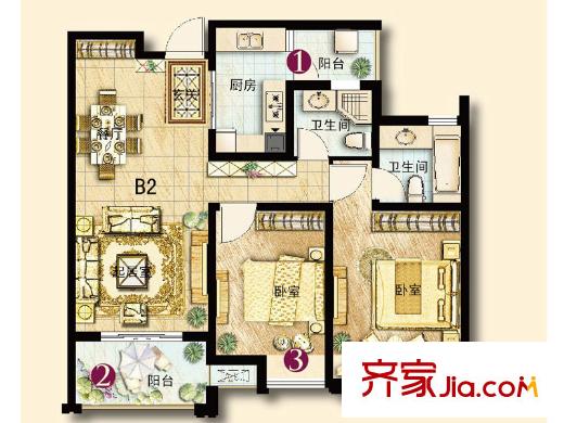 保利香檳國際2、3、8、9、10#樓B2戶型圖 2室2廳2衛(wèi)1廚