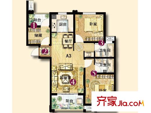 保利香檳國際1#和11#樓A3戶型圖 2室2廳2衛(wèi)1廚