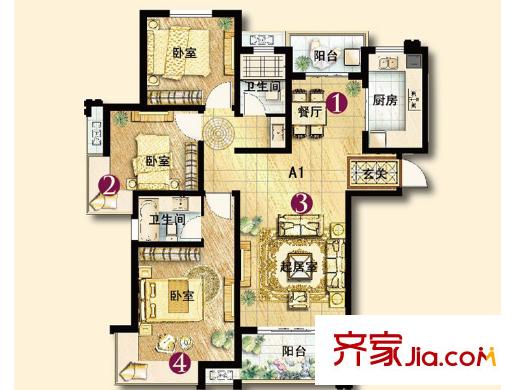 保利香檳國際1#和11#樓A1戶型圖 3室2廳2衛(wèi)1廚