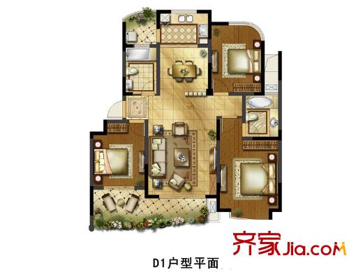 銀河灣一期1、3、4號樓D1戶型 3室2廳2衛(wèi)1廚