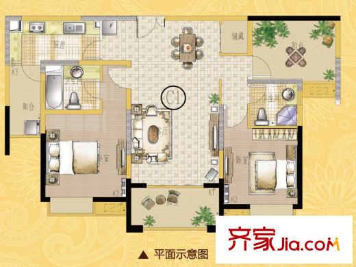 海門中南世紀錦城120平米B戶型圖 3室2廳2衛(wèi)1廚