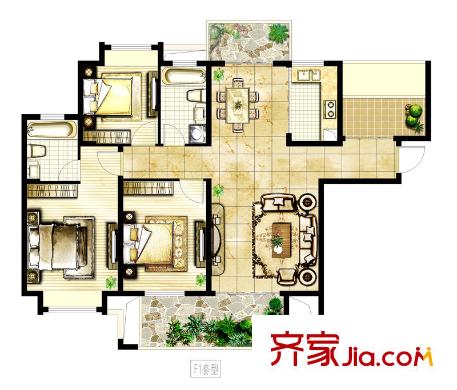 駿和棕櫚灣31#16#邊戶朝南F1戶型  3室2廳2衛(wèi)1廚