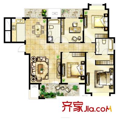 駿和棕櫚灣21#朝南邊戶E3戶型 4室2廳2衛(wèi)1廚