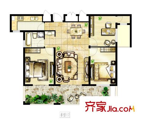 駿和棕櫚灣20#21#樓中間戶朝南E2戶型  3室2廳1衛(wèi)1廚