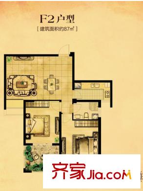 駿和棕櫚灣31#16#朝南中間戶F2戶型 2室1廳2衛(wèi)1廚