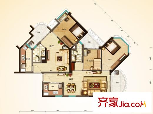 如東碧桂園7#、49#樓東邊戶J510-8戶型 3室4廳2衛(wèi)2廚