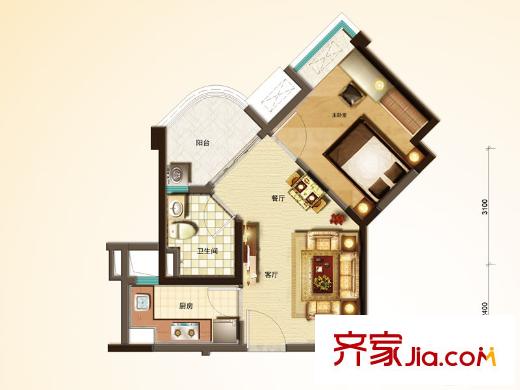 如東碧桂園7#、49#樓中間戶朝北J510-6戶型 1室2廳1衛(wèi)1廚