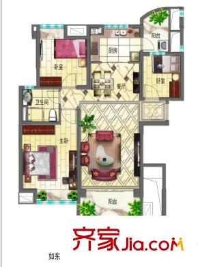 如東碧桂園2#、3#、4#、5#樓朝南邊戶J472-C戶型 3室2廳1衛(wèi)1廚
