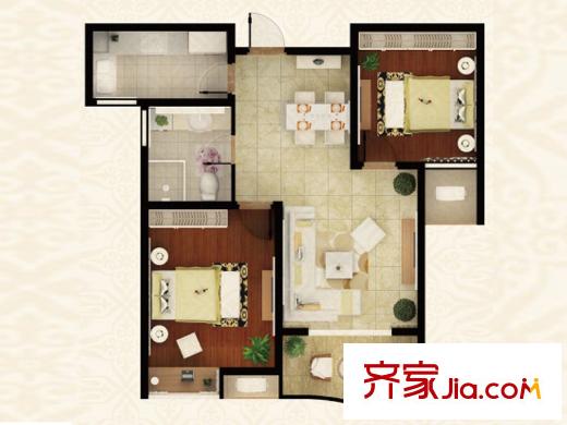 富都豪園9#樓B2戶型 2室2廳1衛(wèi)1廚
