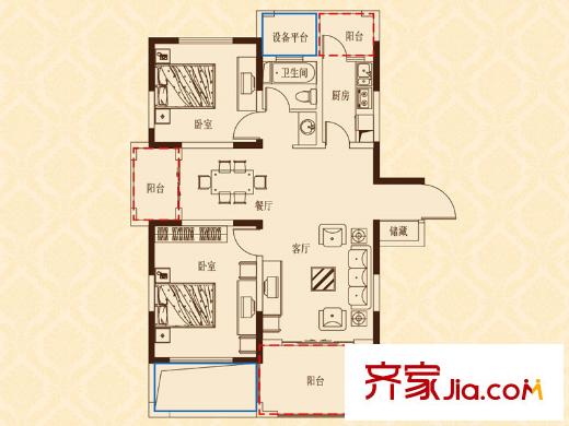 蘇建名都城3、4、9、17、19#樓G2-1戶型 2室2廳1衛(wèi)1廚