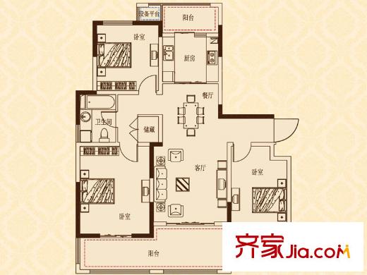 蘇建名都城2、5、13#樓G7-2戶型 3室2廳1衛(wèi)1廚