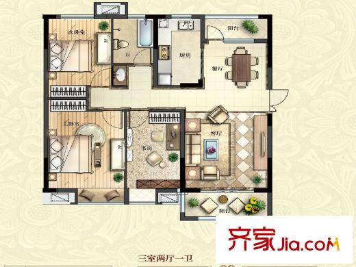 五洲幸福灣一期1#2#4#號(hào)樓C戶型 3室2廳1衛(wèi)