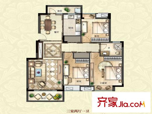 五洲幸福灣二期5#7#號(hào)樓E戶型 3室2廳1衛(wèi)