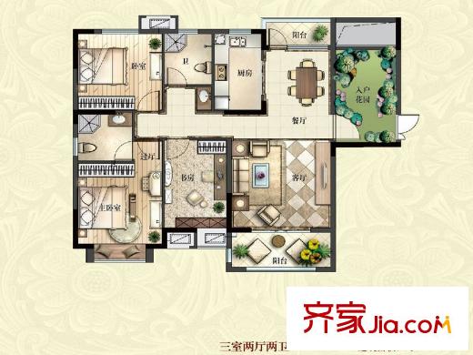 五洲幸福灣一期2#4#號(hào)樓H戶型 3室2廳2衛(wèi)