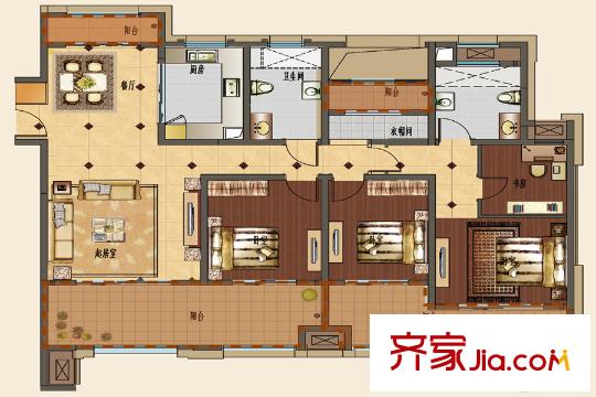 五洲御錦城5#、6#樓邊戶A戶型圖 4室2廳2衛(wèi)1廚
