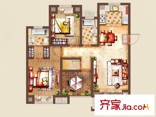 新城香溢紫郡一期1#2#3#號樓H1戶型 3室2廳2衛(wèi)