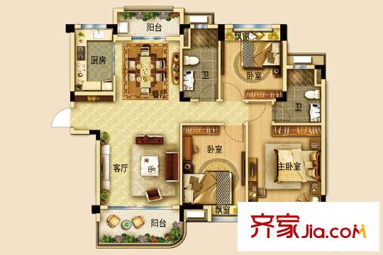 南通碧桂園110#、127#樓J636C戶型 3室2廳2衛(wèi)1廚