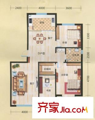 金坤?麗景水岸二期朗苑122.64平米戶型圖 3室2廳1衛(wèi)1廚