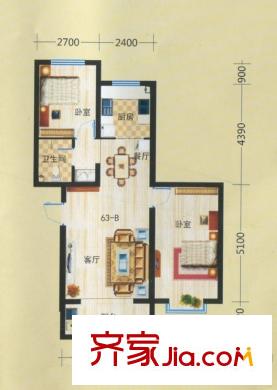 金坤?麗景水岸二期雅室76.65平米戶型圖 2室2廳1衛(wèi)1廚