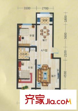 金坤?麗景水岸二期逸居88.12平米戶型圖 2室2廳1衛(wèi)1廚