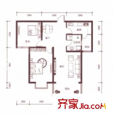 紫林楓舍標準層A戶型圖   2室2廳1衛(wèi)1廚