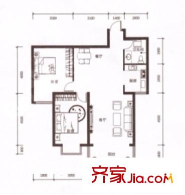 紫林楓舍標準層E戶型圖 2室2廳1衛(wèi)1廚