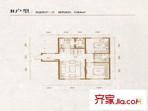 萬科金域國際戶型圖B戶型兩室兩廳一衛(wèi)84平米 2室2廳1衛(wèi)1廚
