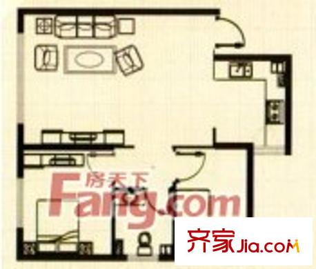 美術(shù)館二期標(biāo)準(zhǔn)層F3戶型圖   2室1廳1衛(wèi)1廚