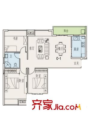 雅山郡C-1戶型三室兩廳一廚一衛(wèi)81.7平 3室2廳1衛(wèi)1廚