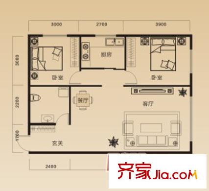 和興嘉苑三期高層2A戶型圖   2室2廳1衛(wèi)1廚