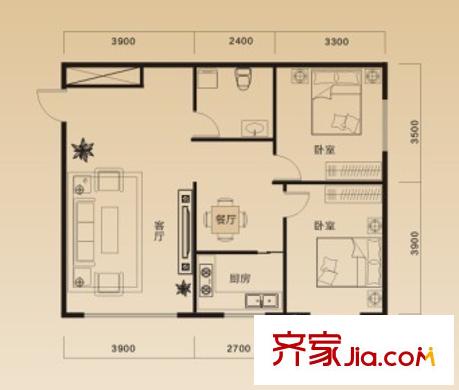 和興嘉苑三期高層2B戶型圖   2室2廳1衛(wèi)1廚