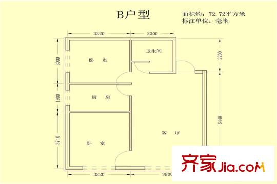 力鼎新城B戶型2室1廳1廚1衛(wèi)72.72平方米 2室1廳1衛(wèi)1廚